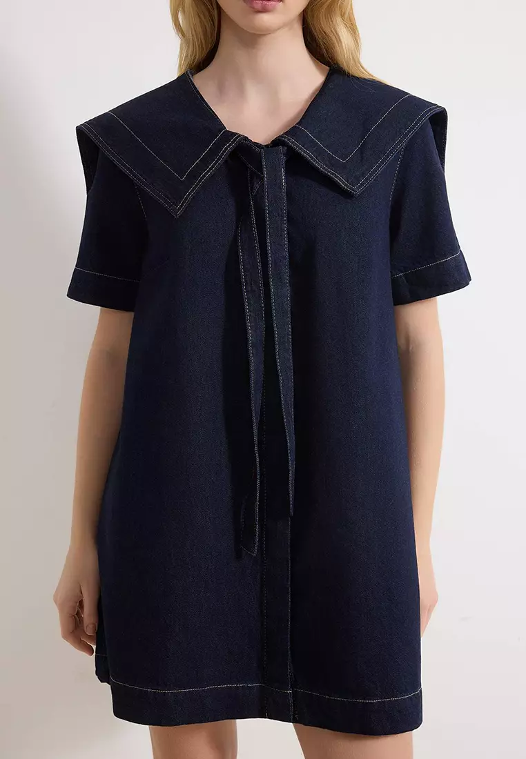 Blue Baby Collar Detailed 1% Cotton Mini Denim Dress Twoss26El41