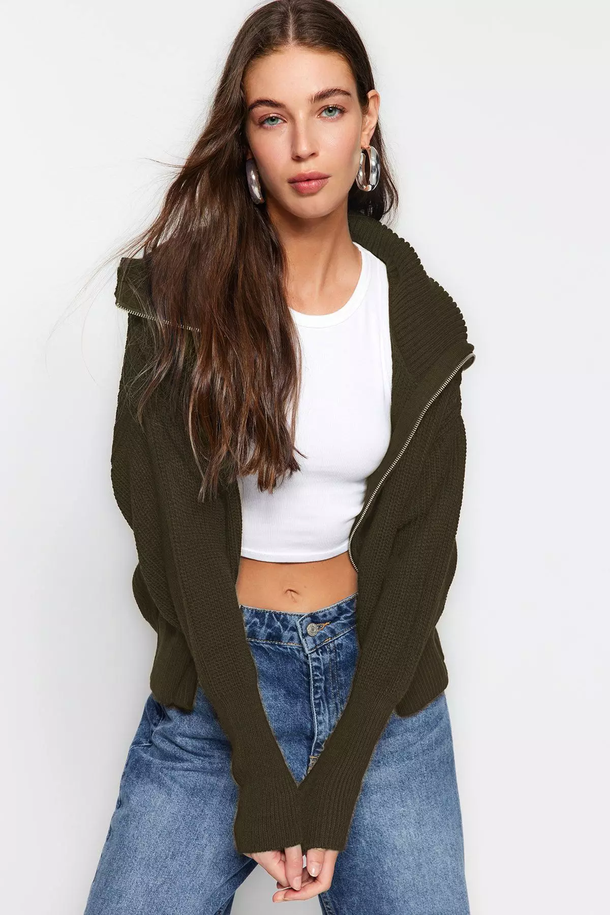 Turn Down Collar Zippered Khaki Knitwear Cardigan Wide Fit