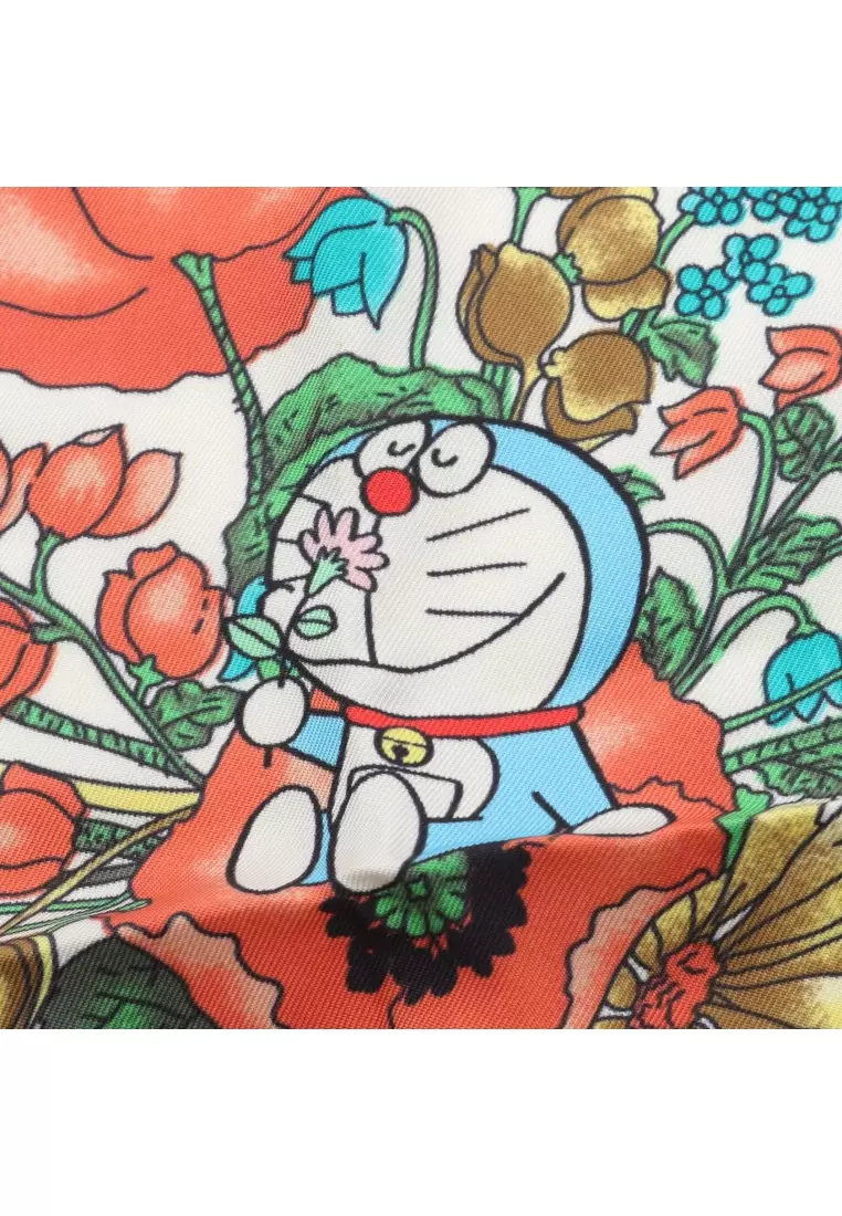Pre-Loved Gucci GUCCI × Doraemon scarf floral pattern silk Light blue multicolor