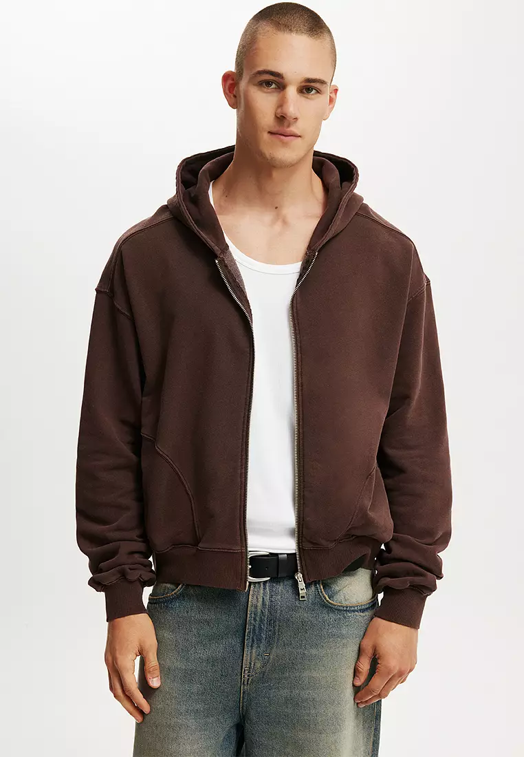 Mens Hoodies Cropped Brown Zip Hoodie ASOS DESIGN Boxy Oversized