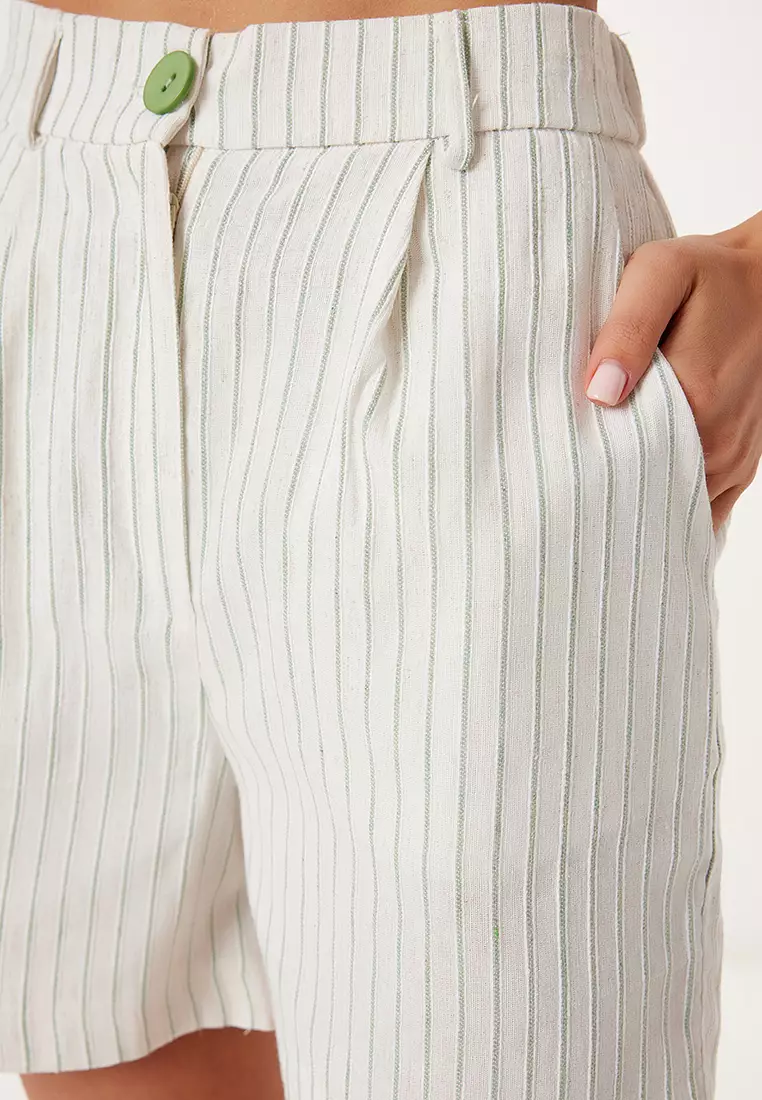 Women's Cream Green Striped Linen Vest Shorts Set Bv00133