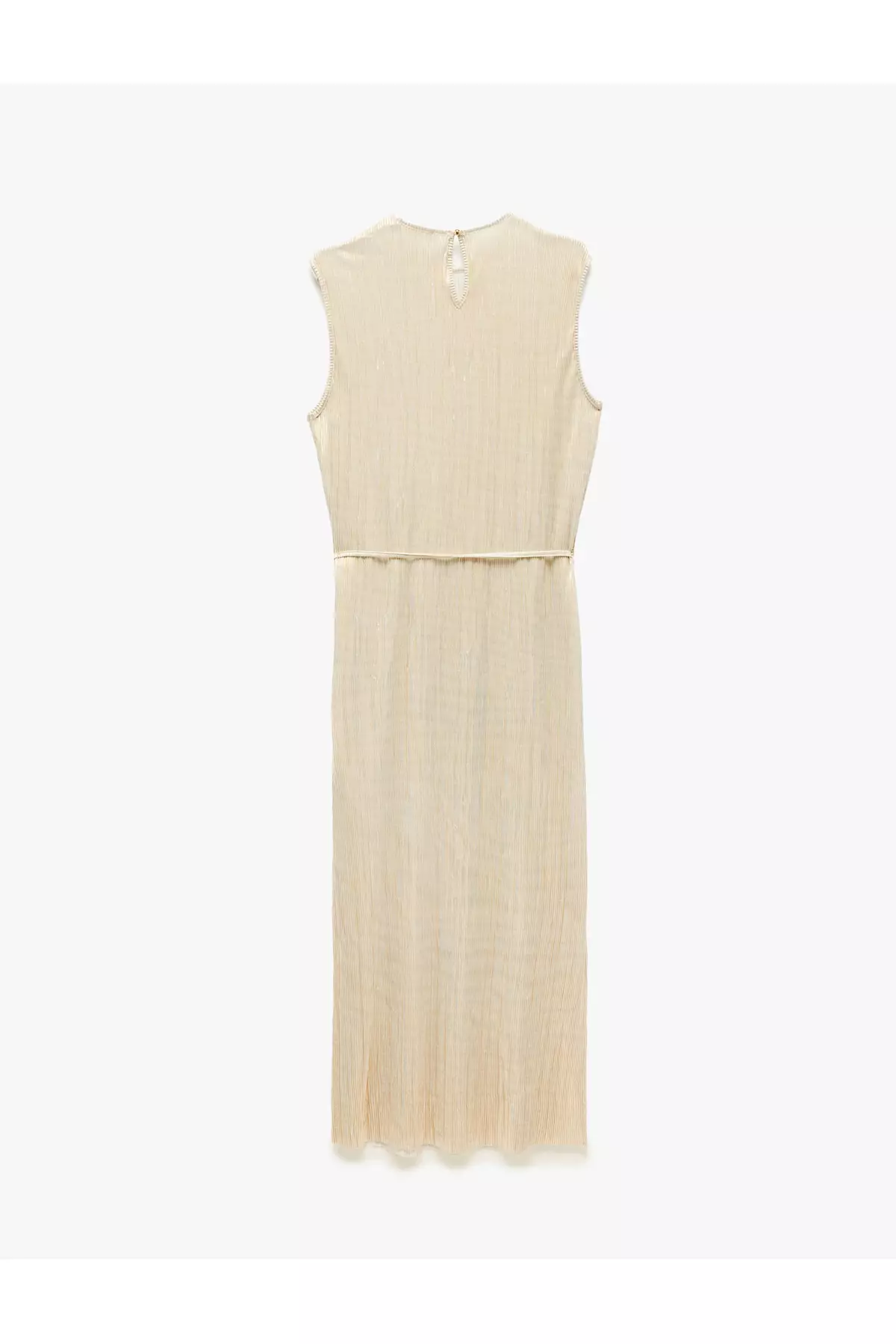 Sleeveless Crew Neck Slit Detail Shiny Pleated Pleated Long Dress With Belt