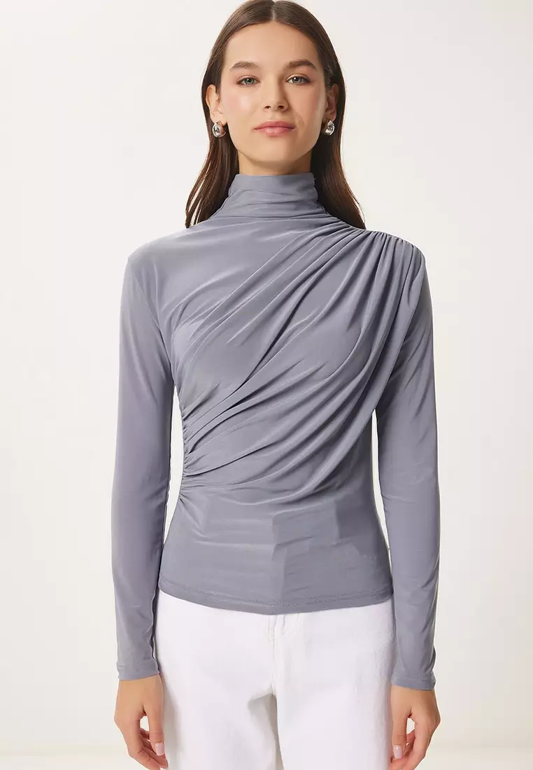 Gather Detailed High Collar Sandy Blouse