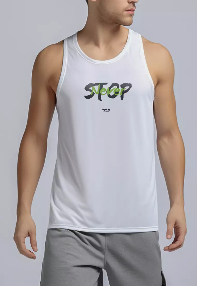 MSA79 kaos lari pria kutung tank top nanoamid stretch "never stop" putih