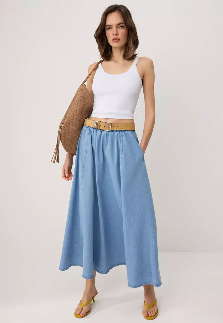Blue Flared Maxi Denim Skirt Twoss26Et22