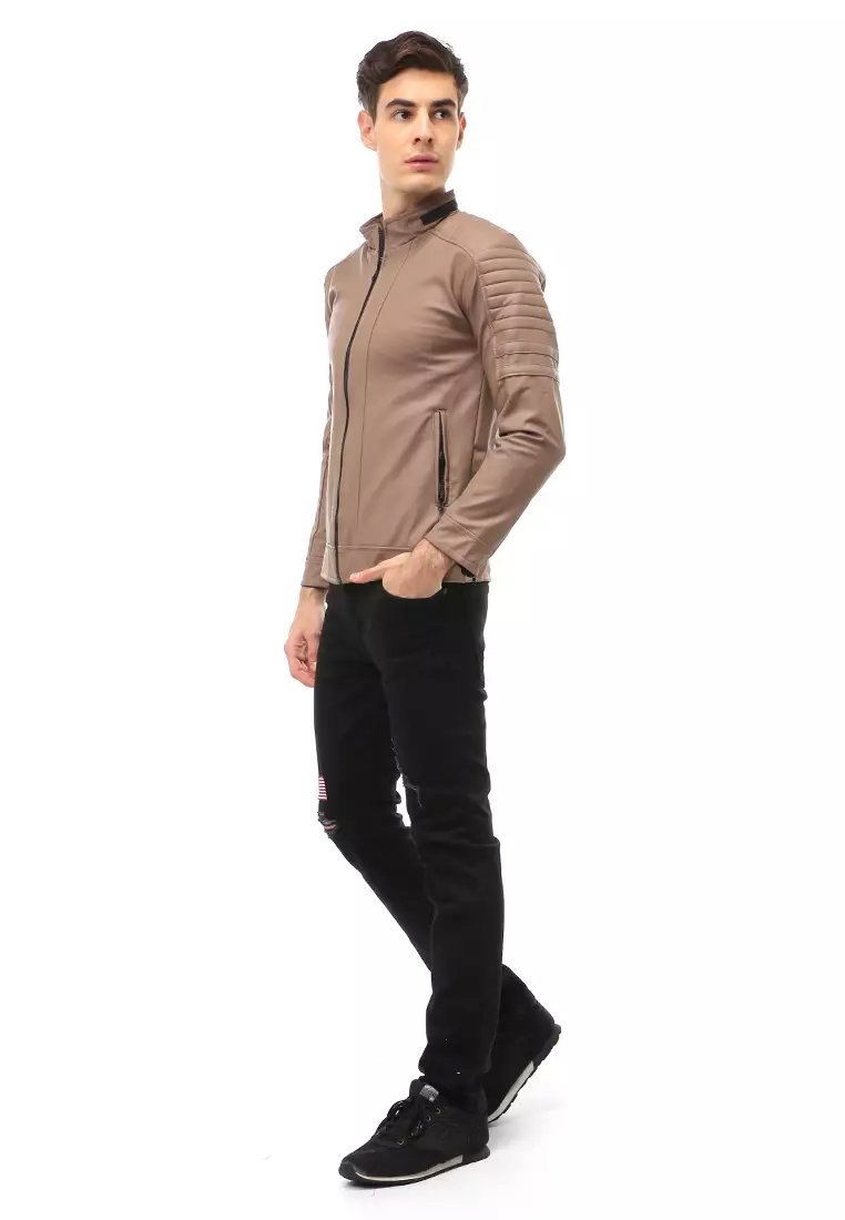 Halbert Outerwear Jaket Kulit Pria Waterproof & Windproof Material Leather ORIGINAL - Mocca