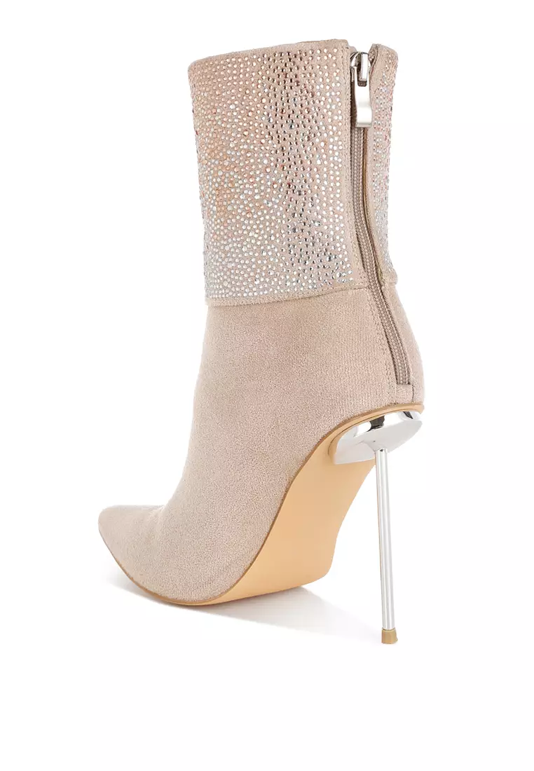 Rhinestones Embellished Foldover Boots in Beige