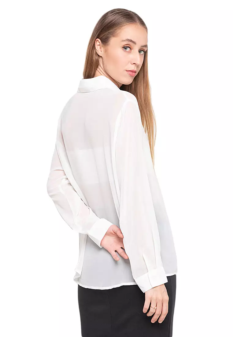 Calder Kemeja Atasan Transparan Front Button Opening Design Simple Plain Shirt Wanita - White