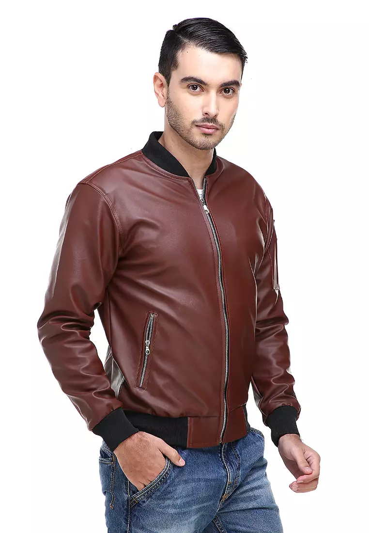Clover Jaket Bomber Pria Now Ori Soft Material Leather Kulit ORIGINAL - Brown