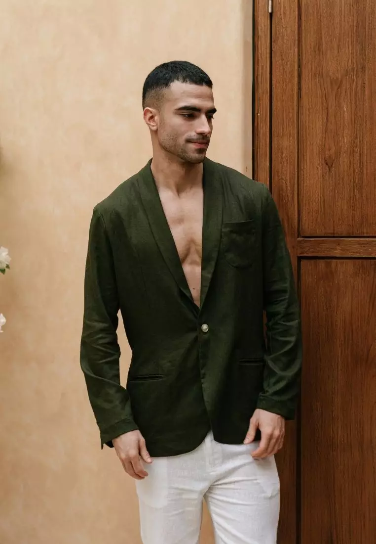 Olive Blazer Linen Pria Hijau Army - Linen Blazer Men Army Green