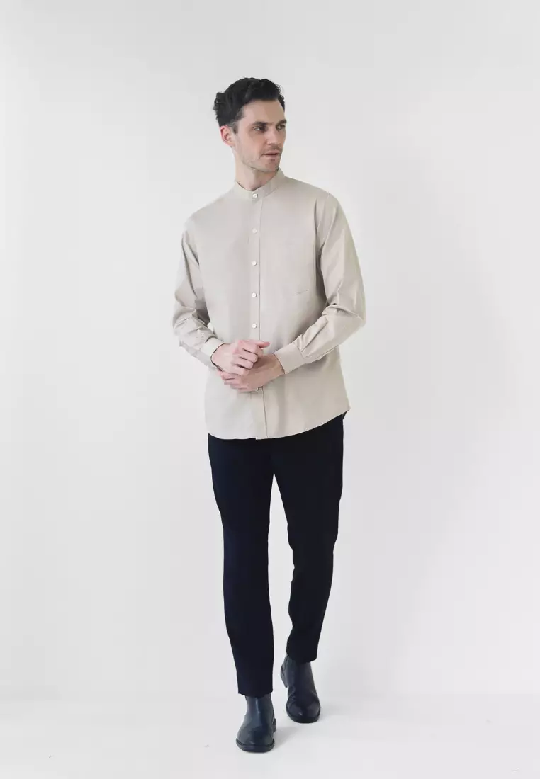 Cotton Well Badr Stand Collar Shirt Light Taupe | Kemeja Koko Lengan Panjang Krem