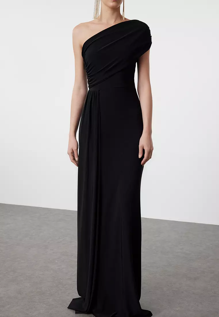 Black Asymmetric Neckline Long Evening Dress Graduation Christmas Dress
