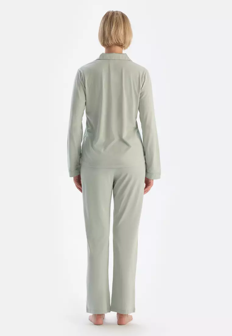 Mint Green Shirt & Trousers, Shirt Collar, Regular Fit, Long Sleeve Sleepwear for Women