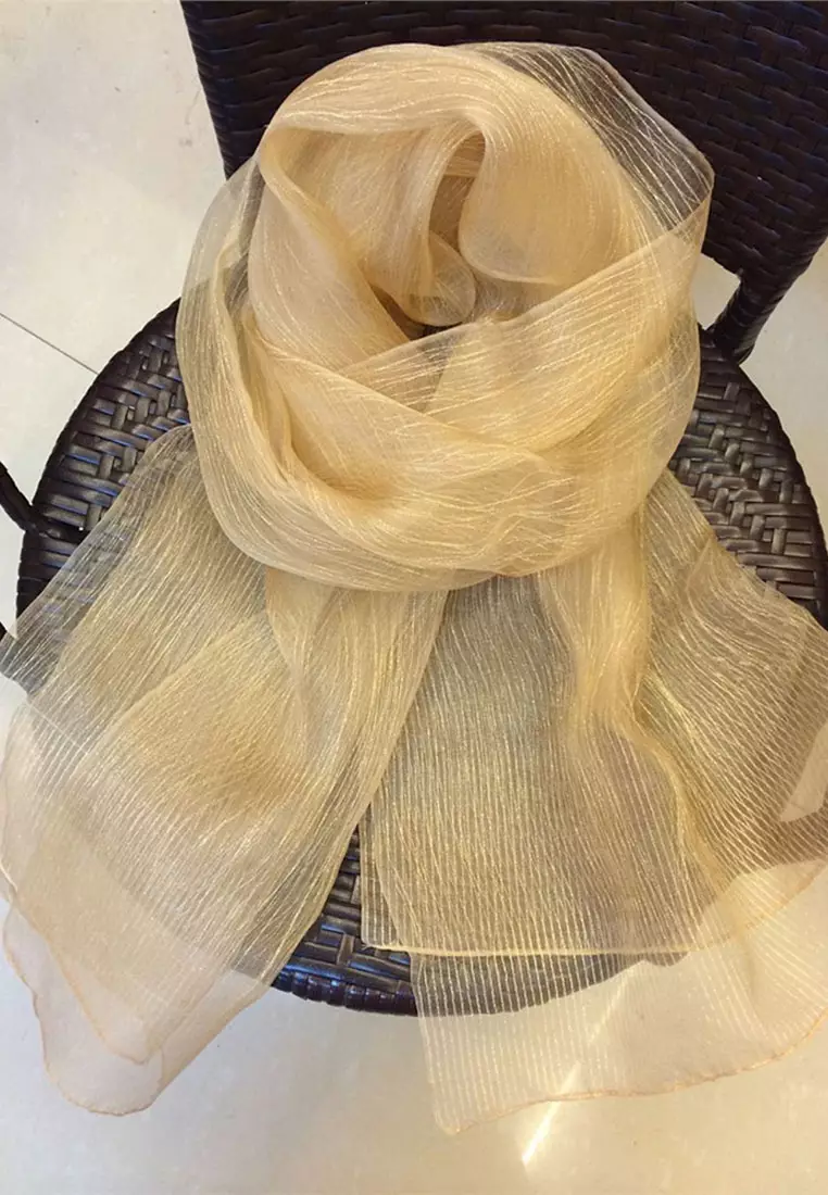 Metallic Stripes Embellish 100% Silk Shawl Syal Sutra Wanita Evening Shawl Gold