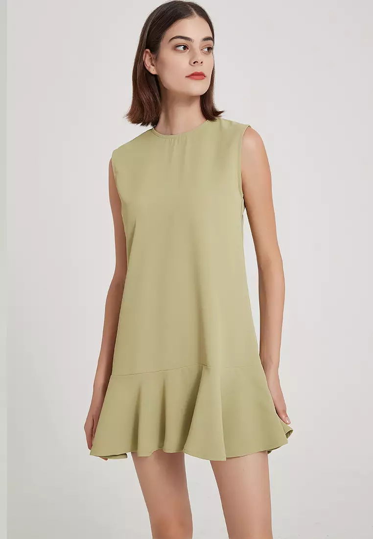 时尚气质高端简约无袖圆领荷叶边背心连衣裙经典纯红哑光缎面连身裙 B22041208GR