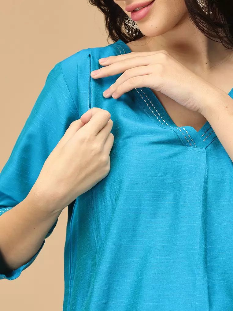 Mermaid Moment Embroidered Maternity and Nursing Silk Kurta Set - Aqua Blue