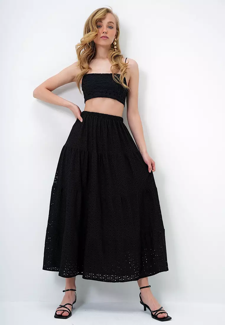 Women's Black Katkat Flounce Guipure Premium Skirt Alc-X14141