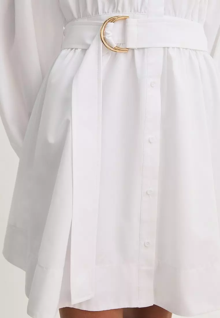 Belted Shirt Mini Dress - White