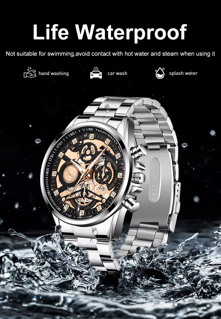 Jam Tangan Pria 3352 Bercahaya Dial Berongga Santai Mode Tali Stainless Steel Kalender Jam Tangan Cowok silver