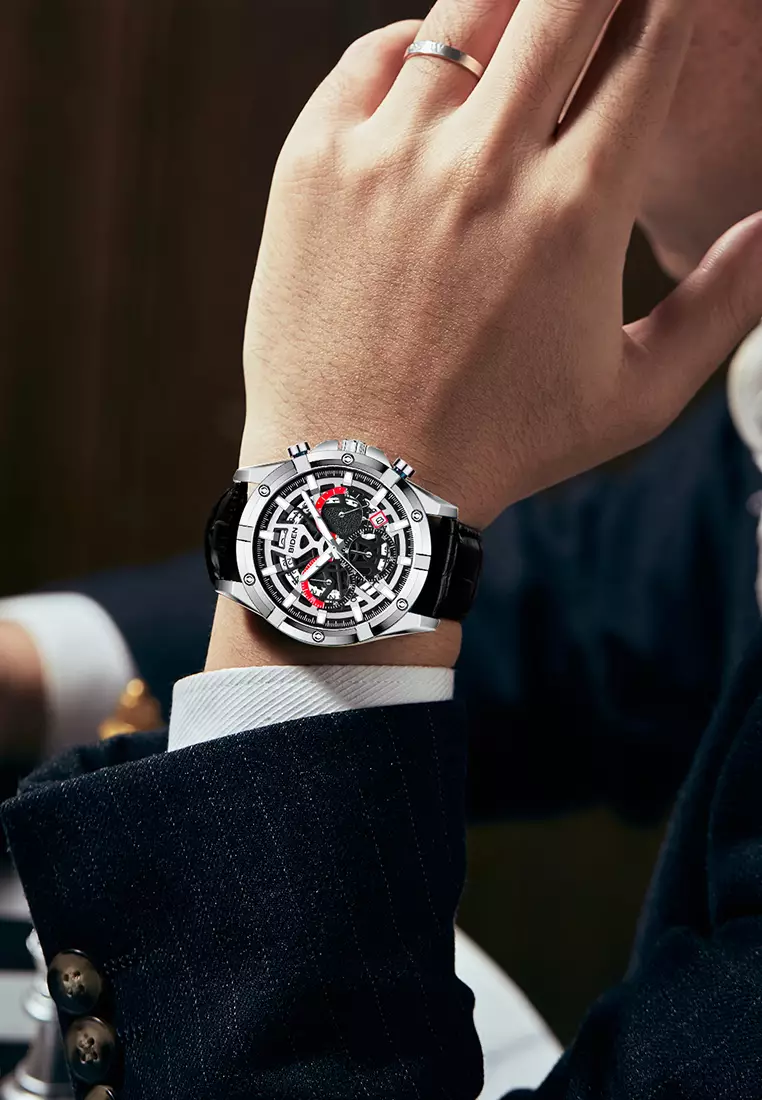 Jam Tangan Pria Original Kalender Sports Anti Air Tali Kulit Jam Tangan Cowok black silver