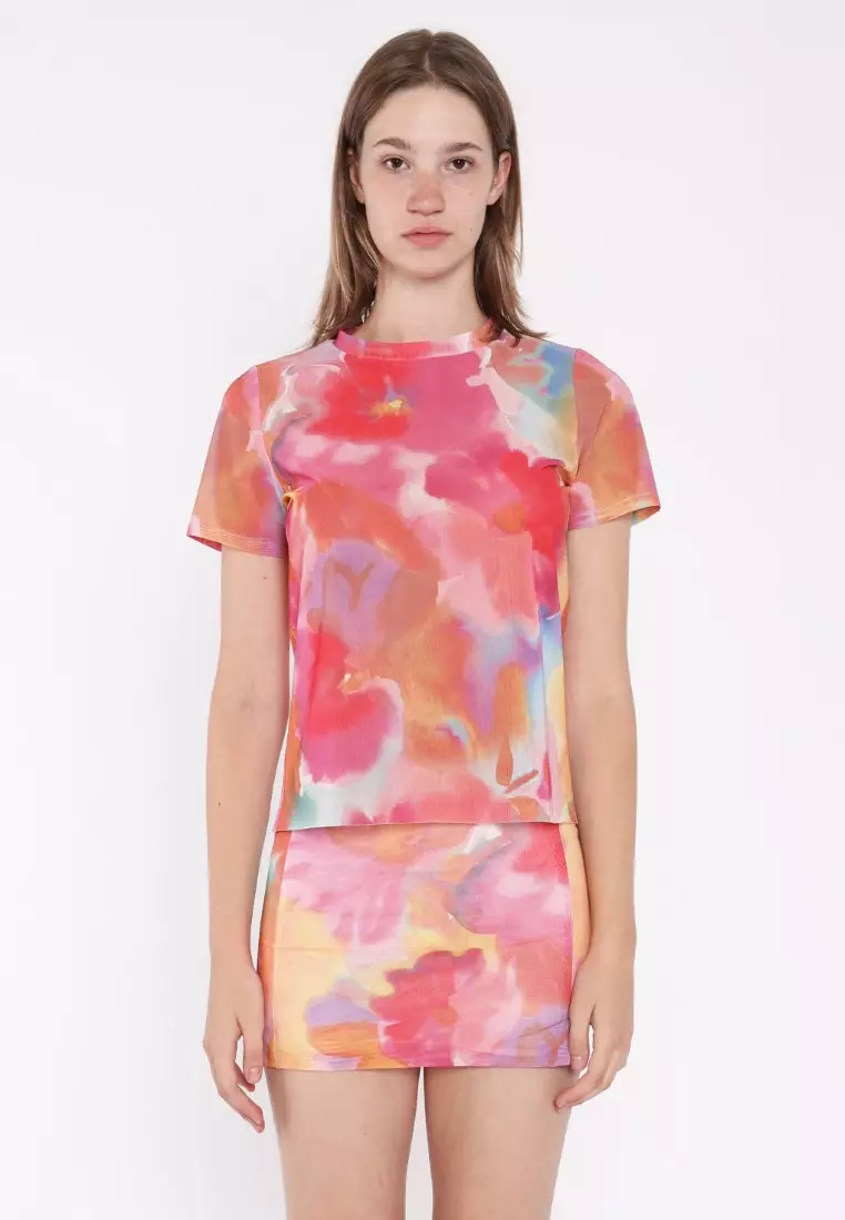 Multi Watercolour Flower Split Mini-Skirt