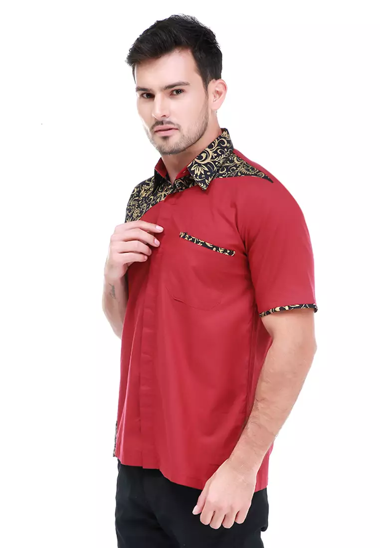Dwan Kemeja Batik Pria Right Side Atasan Formal Shortsleeve Shirt Material Cotton ORIGINAL - Maroon