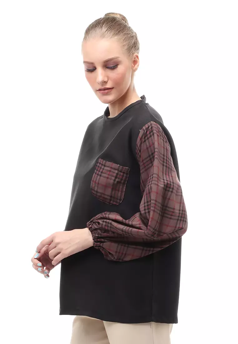 Shana Blouse Dual Tone Color Lengan Puff Atasan Wanita - Brown