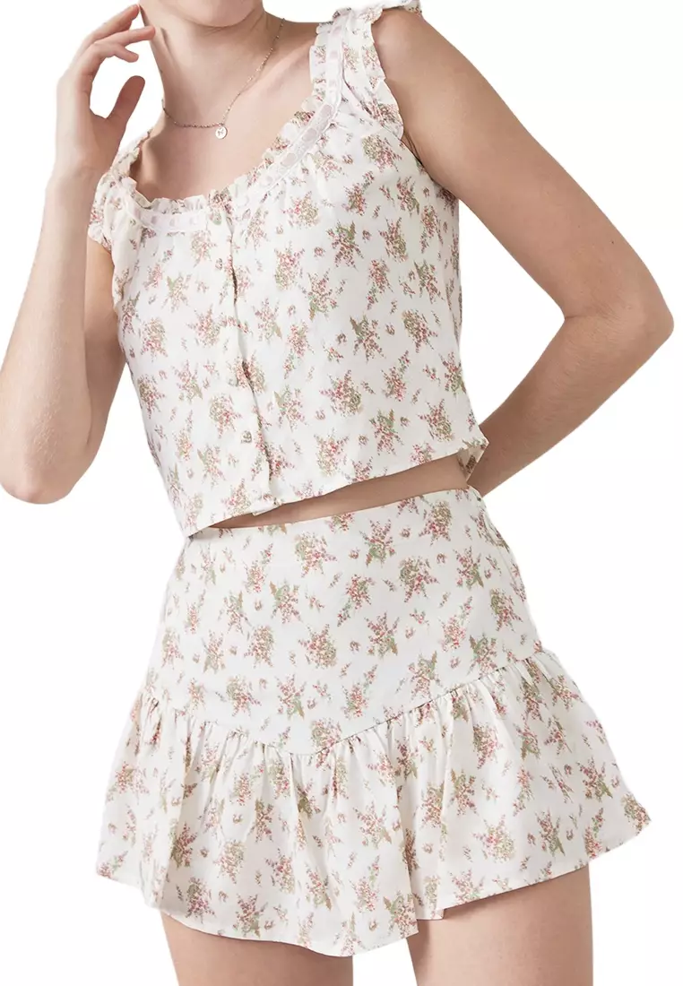Floral Milkmaid Top With Lace And Ruffled Skort Set