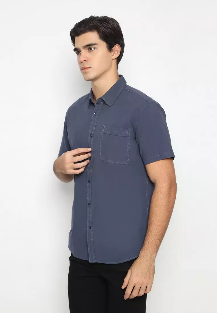 POLICE Kemeja Polos Cotton Abu Biru Regular Fit Pria
