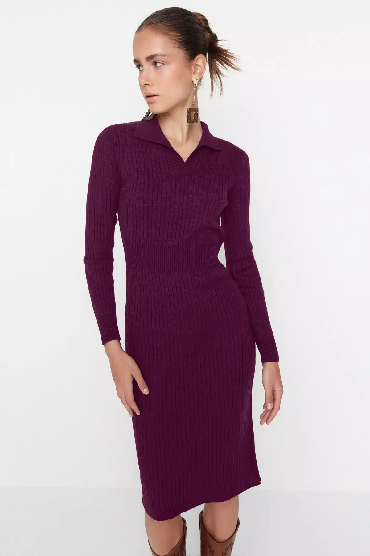 Plum Midi Knitwear Polo Collar Dress