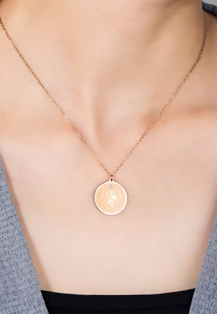 Queen E Medallion Necklace in Rose Gold Plated Titanium with Genuine 0.005ct Diamond