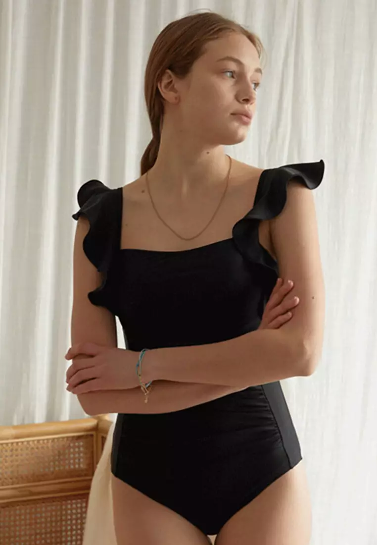 Sweet ruffled backless one-piece swimsuit A21071402BK