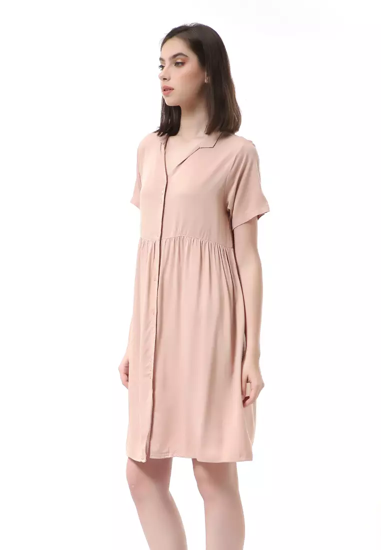 Rachel Dress Wanita Lengan Pendek Full Kancing Stylish Material Cotton ORIGINAL - Choco Pink