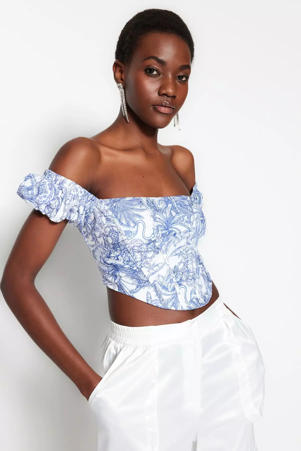 Corset Detailed Poplin Floral Bustier Top