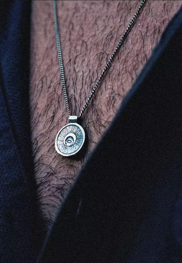 EXCLUSIVE Kalung Perhiasan Perak 925 Pria Coin Evil Eye - Sun Oxidized