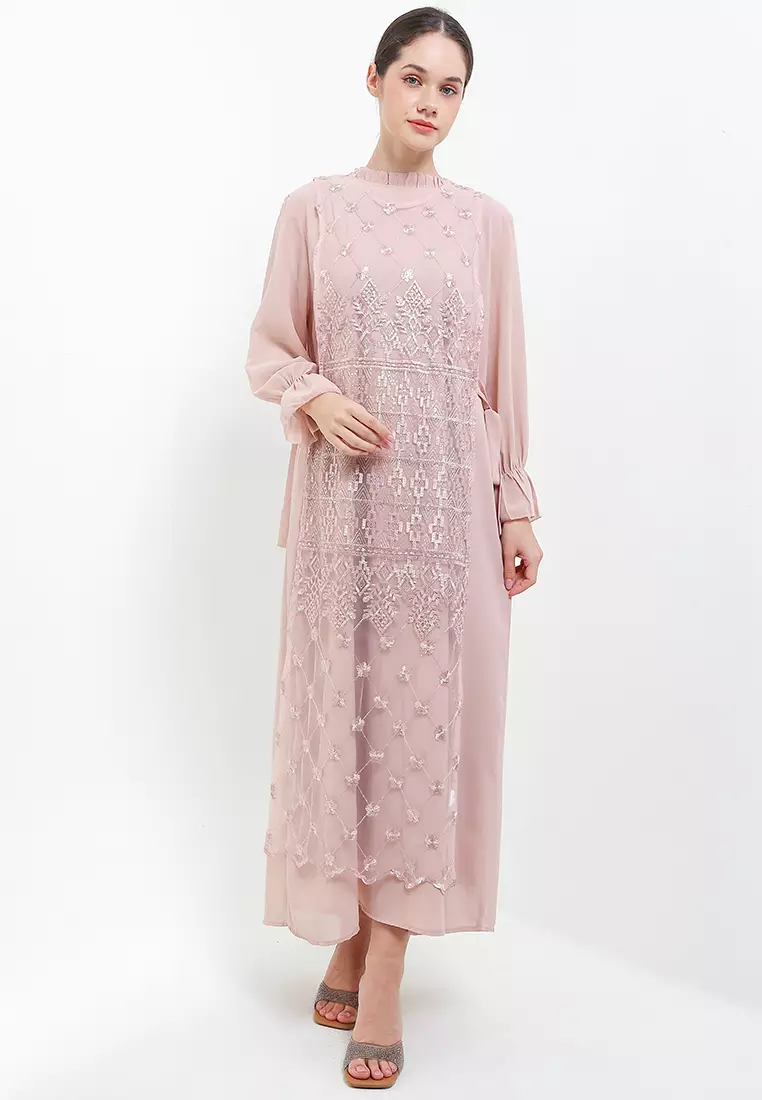 Ruffles Neck Chiffon Long Dress W/ Sequin Outer