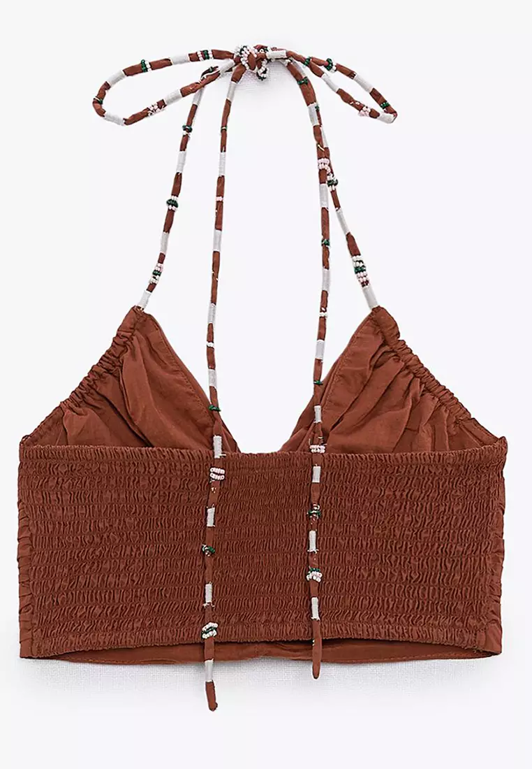 Embroidered Halter Drape Top