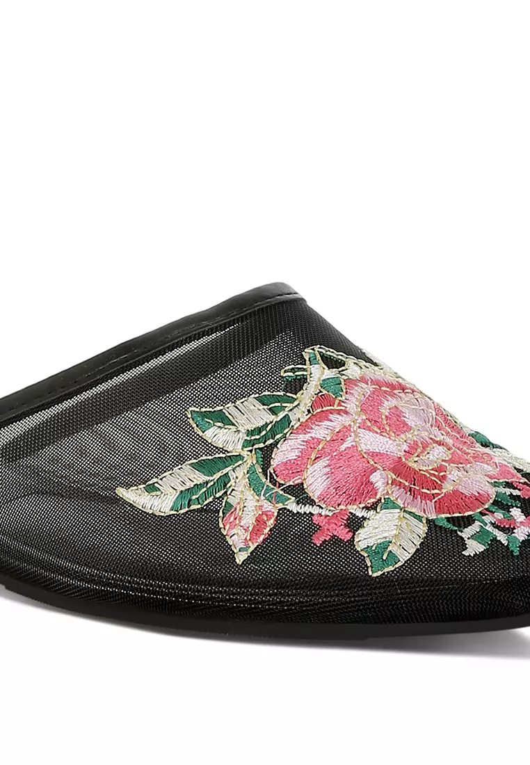 Buy London Rag Floral Embroidered Mesh Mules in Black 2026 Online ...