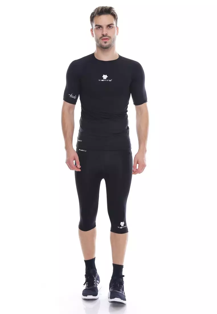 Tiento Man Baselayer Baju Ketat Manset Olahraga Pria Short Sleeve Black White Rashguard Sport Original