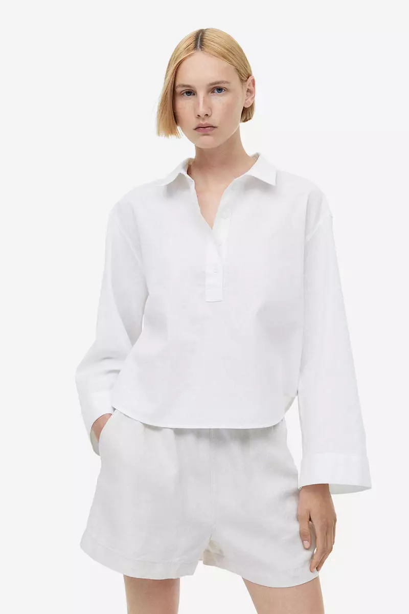 Buy H&M Linen-blend pop-over shirt in White Light 2024 Online