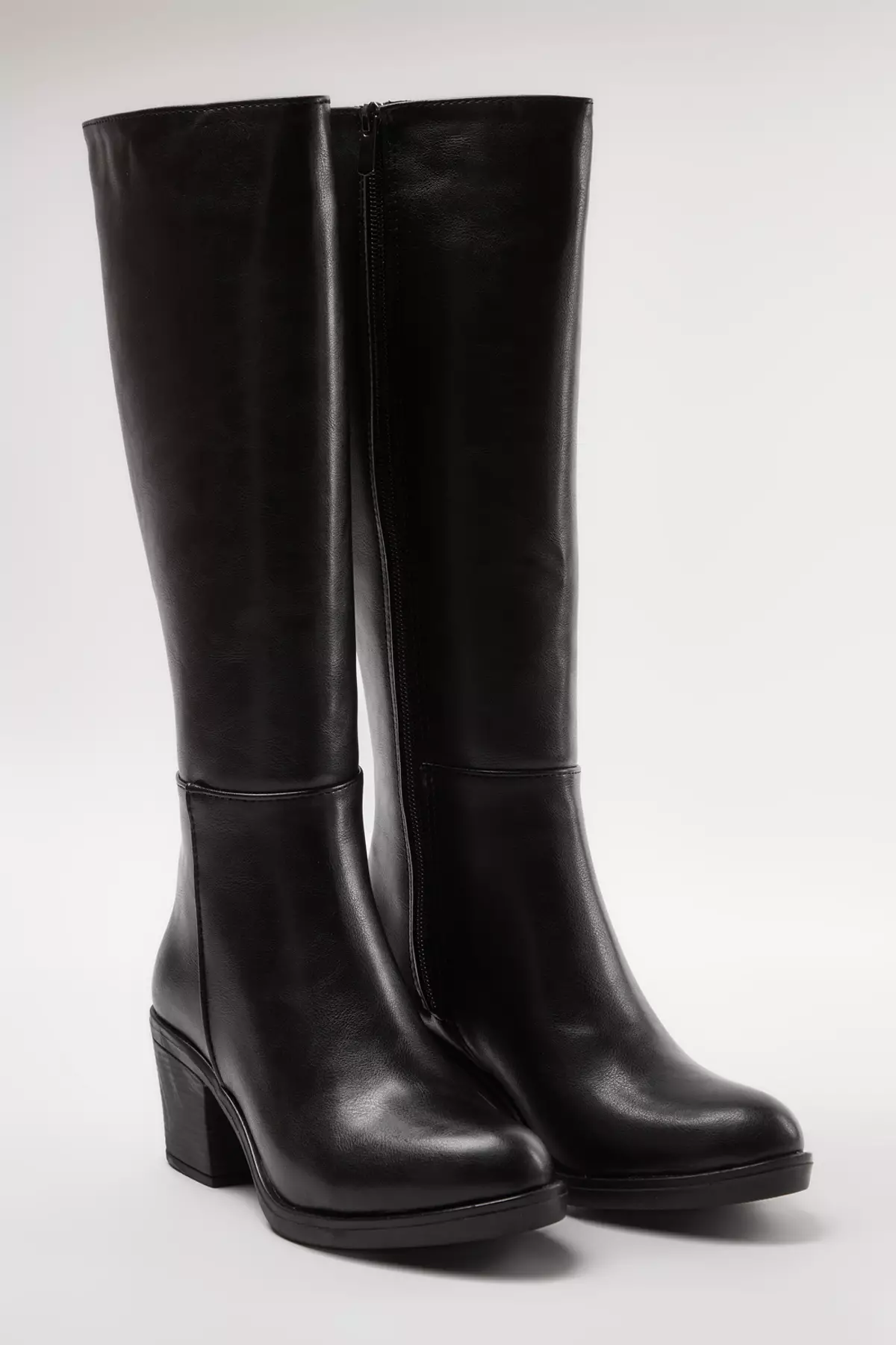 Black Zip-Up Round Toe Women's Block Heeled Boots Takaw25Cz00004