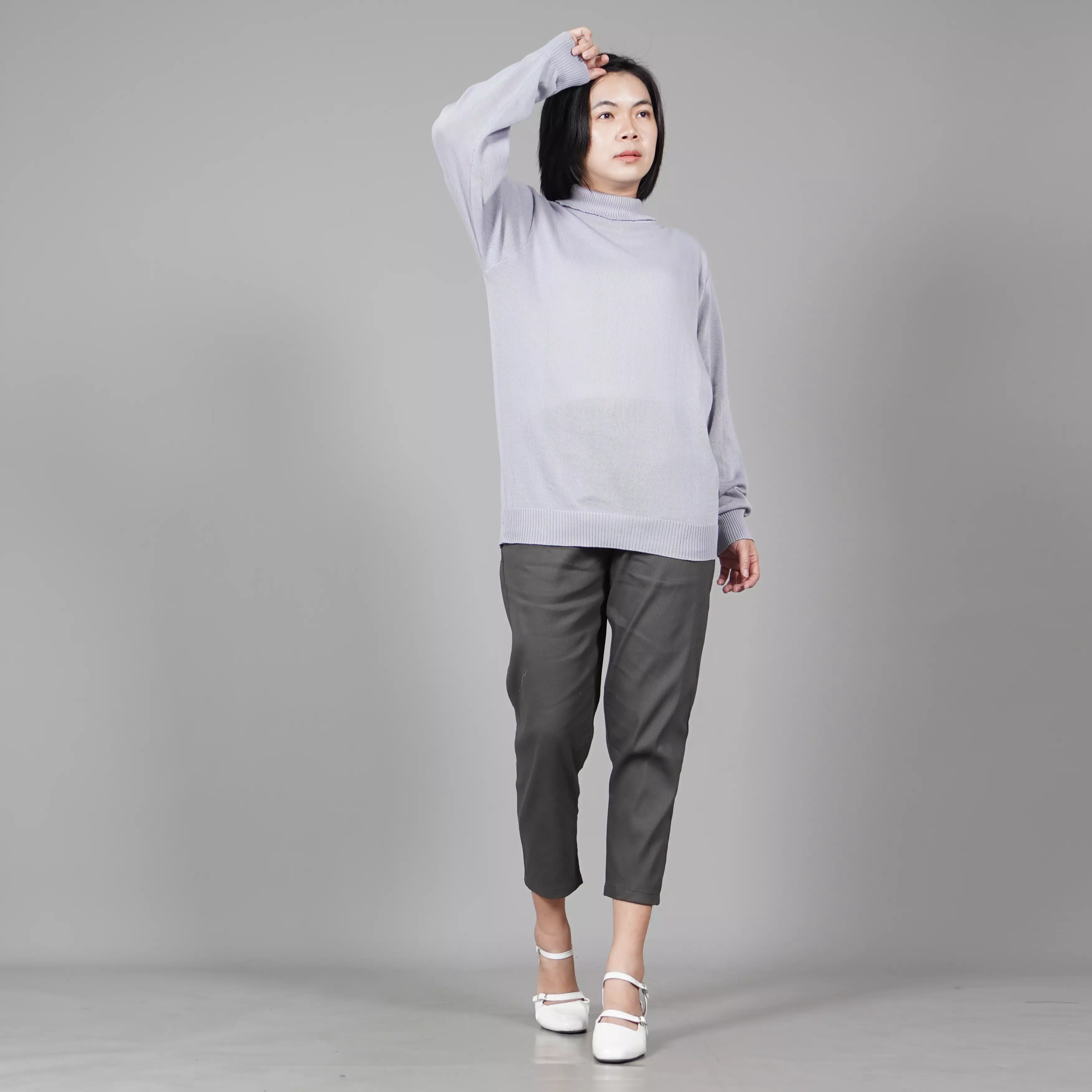  JEHOON High Neck Sweater Rajut Wanita Baju Musim Dingin - ABU MUDA