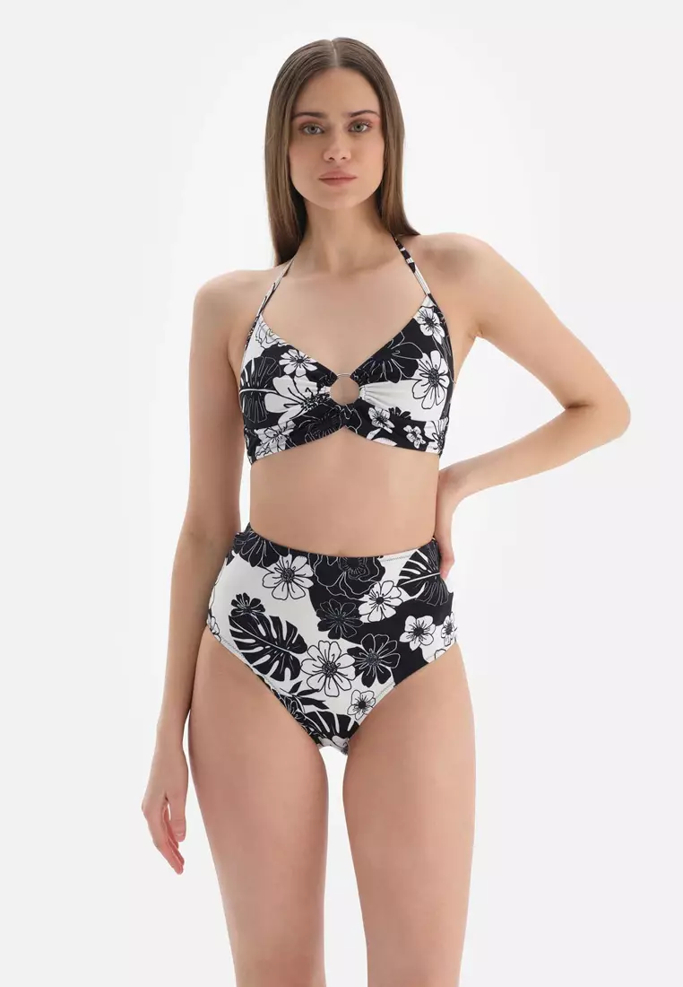 Black - White Bikini Bottoms, Floral Printed, Swimwear for Women