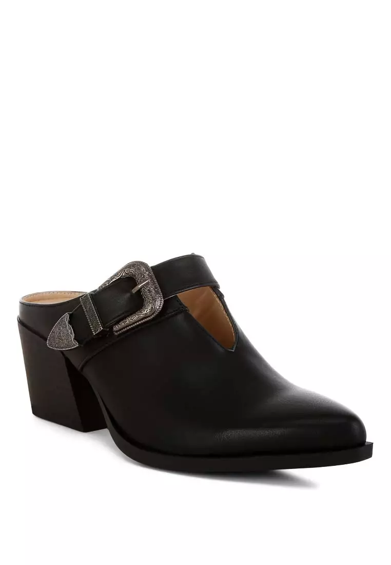 Carved Buckle Statement Mules in Black