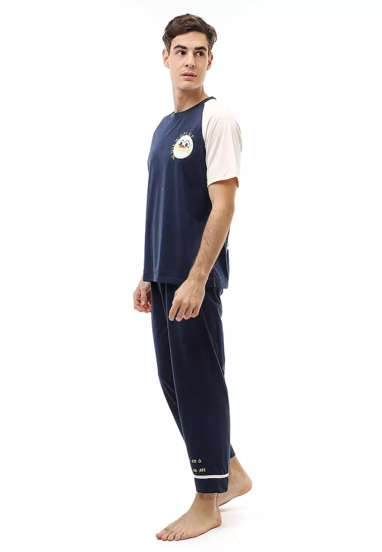 Klicin Setelan Piyama Baju Tidur Pria Short Sleeve Material Cotton ORIGINAL - Navy