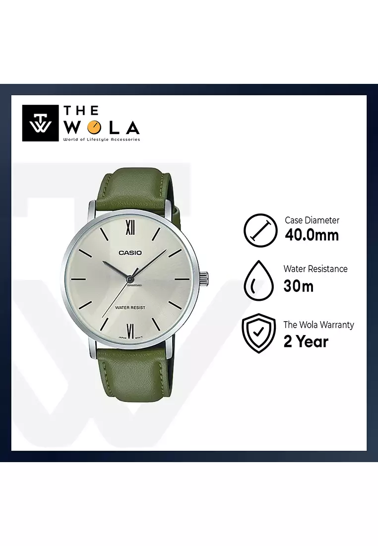 Men's Analog Watch MTP-VT01L-3B Army Green Leather Band Casual Watch