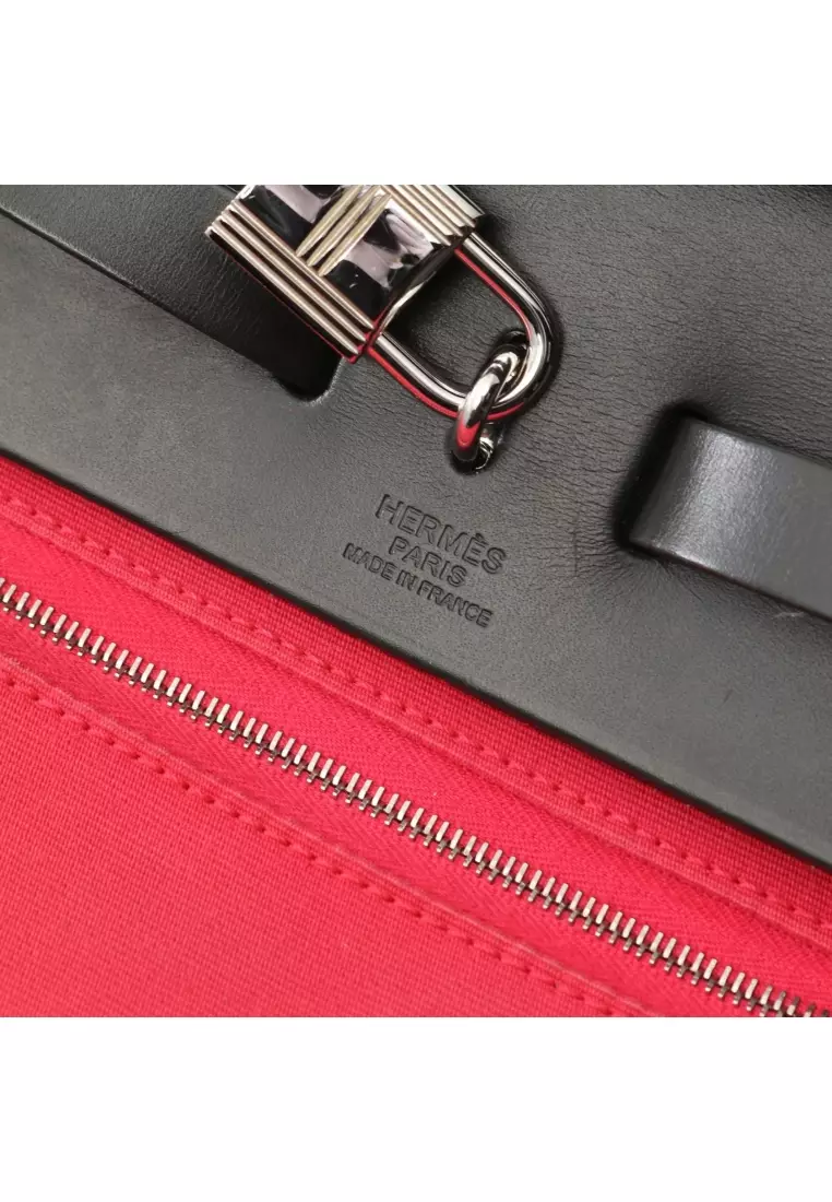 Pre-Loved Hermès herBag Zip PM rose extreme Handbag Toile Officier vache hunter Pink purple black silver hardware 2WAY A stamp