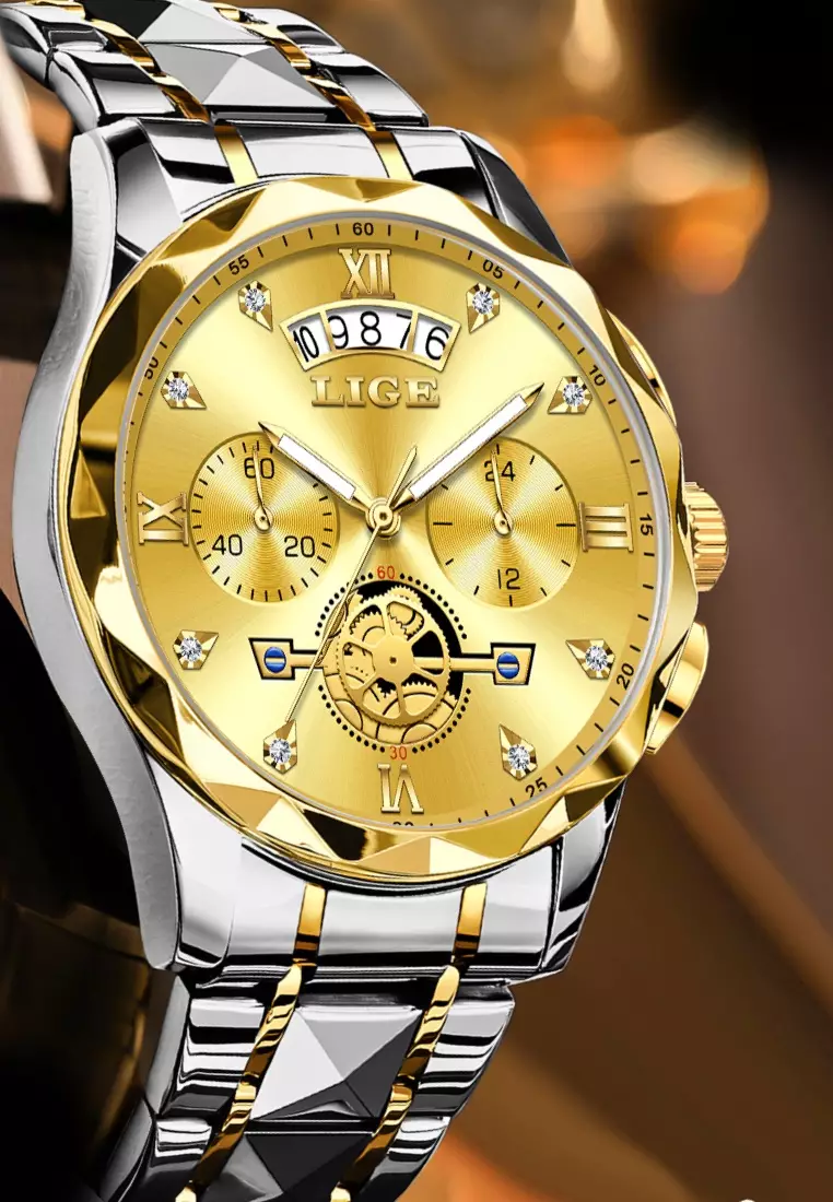 计时码表男女通用 IP 金色和不锈钢石英表，日期，不锈钢表带