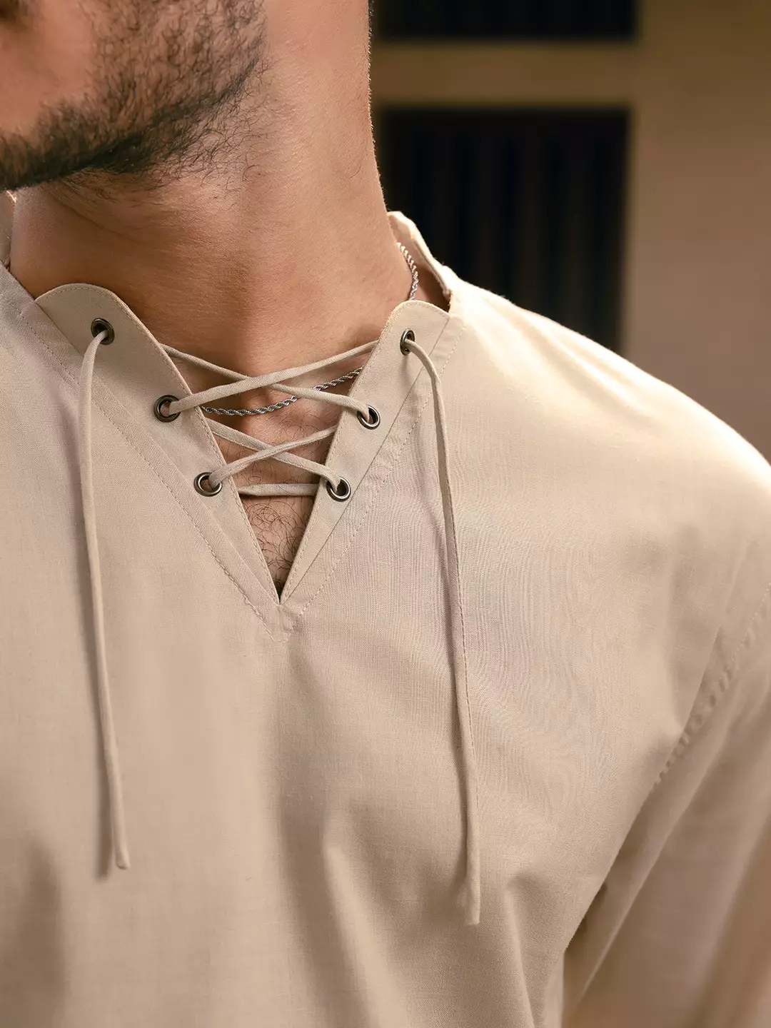 OXCON ZUHUD Kemeja koko Modern Linen Look Collarless Shirt Oak