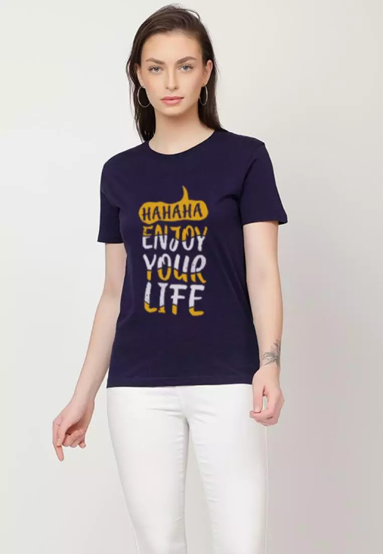 Enjoy Life Relaxed Short Sleeve Stylish Navy Blue Cotton Casual Graphic Print Tee/TShirt